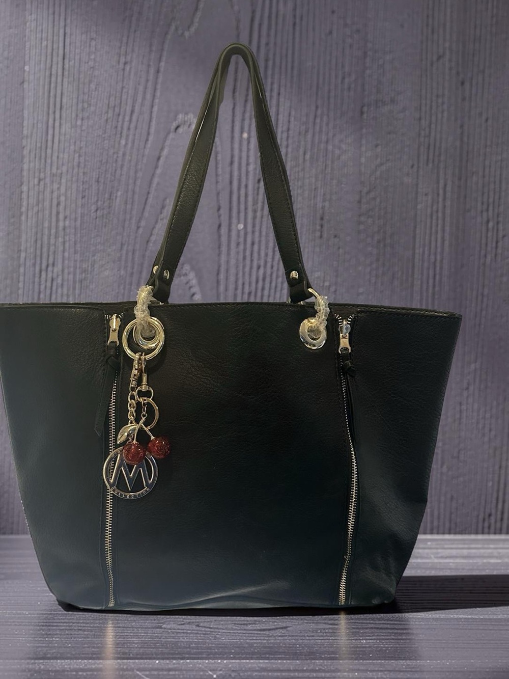 MFK Collection by Mia K Roomy Black Leather Tote Bag with Gold Tone Hardware